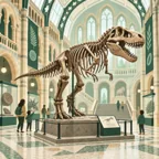 T. rex in a museum hall
